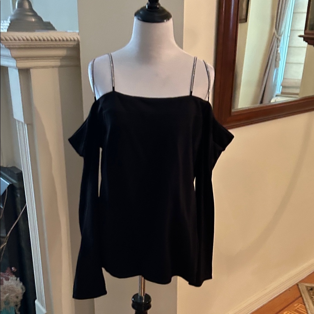 VENUS Black Cold Shoulder Blouse with Straps rhinestone straps